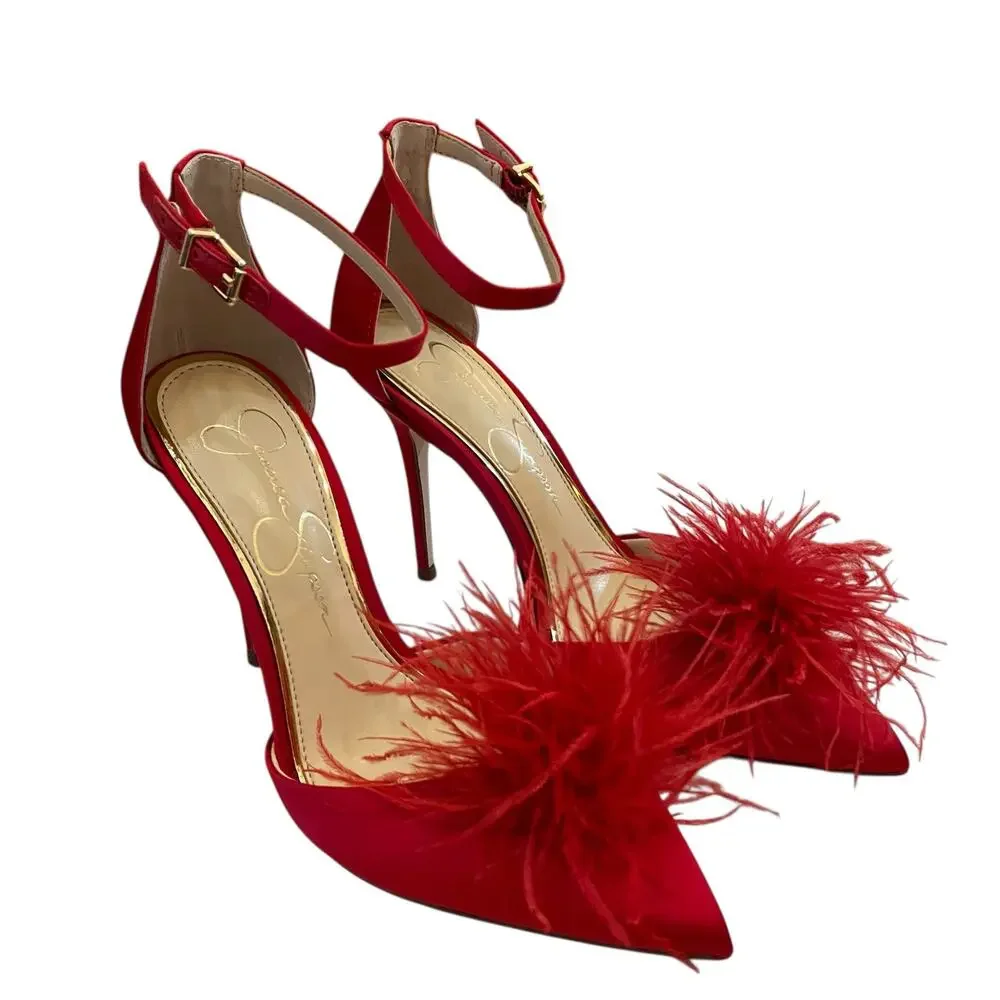 Jessica Simpson Wolistie Ankle Strap Dress Pumps Red Feather Pom Pom Size 6 NEW